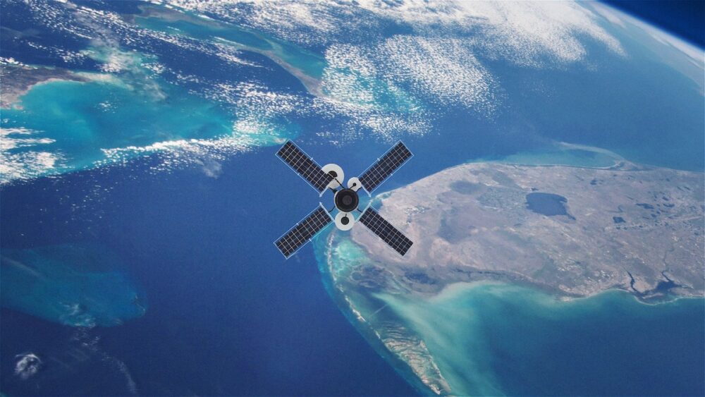 A satellite orbits around the earth over Florida, USA.