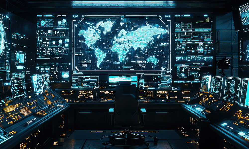digital control room filled with holographic displays