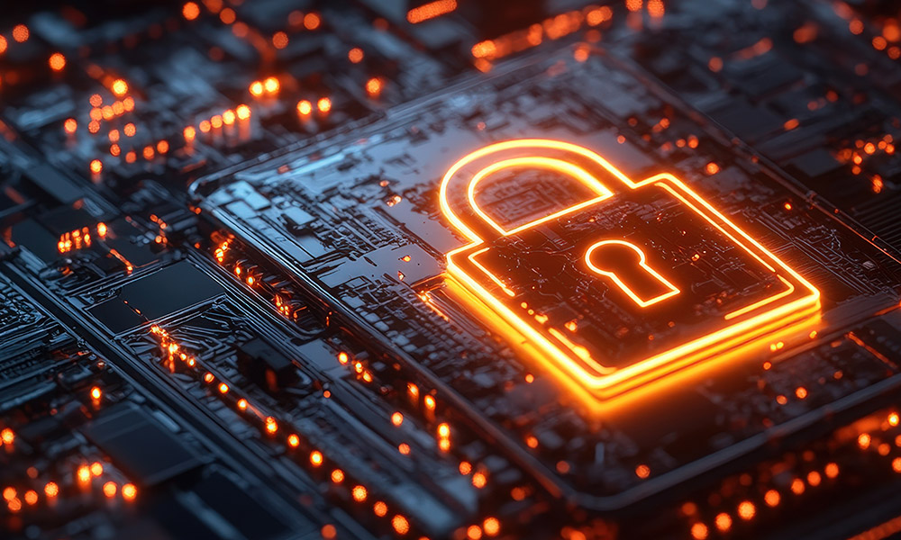 glowing padlock on a circuit board