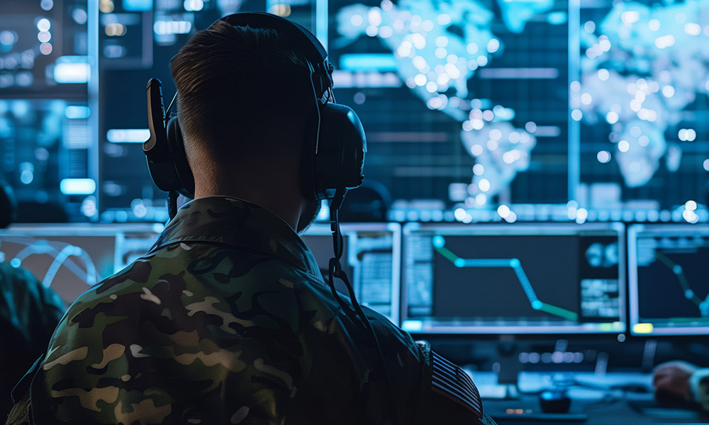 soldier sits in front of a digital situation room console