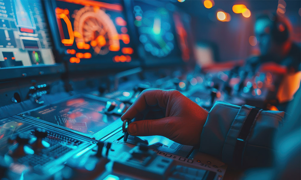 hand operating a joystick on a command console